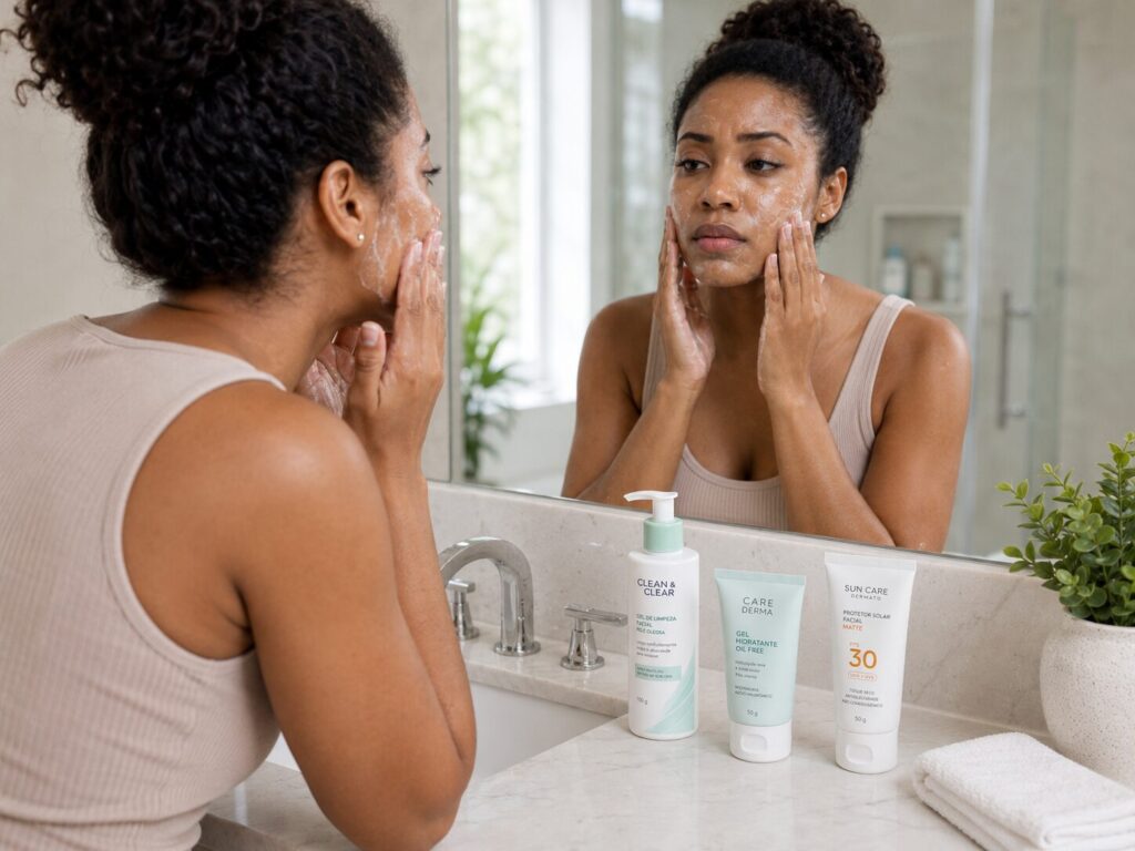 mulher negra olhando-se no espelho enquanto utiliza produtos de skincare para diminuir a oleosidade da pele