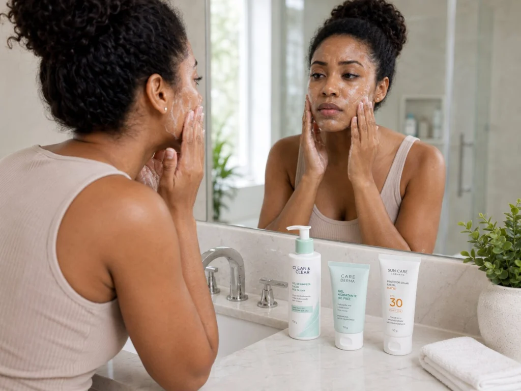 mulher negra olhando-se no espelho enquanto utiliza produtos de skincare para diminuir a oleosidade da pele